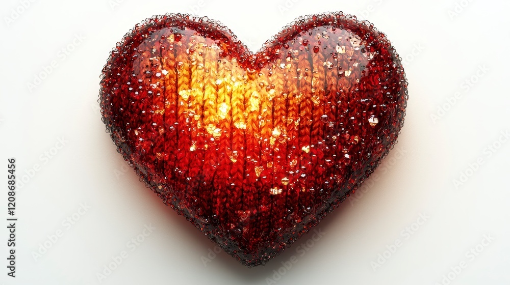 Poster glowing red heart shaped object with textured surface.