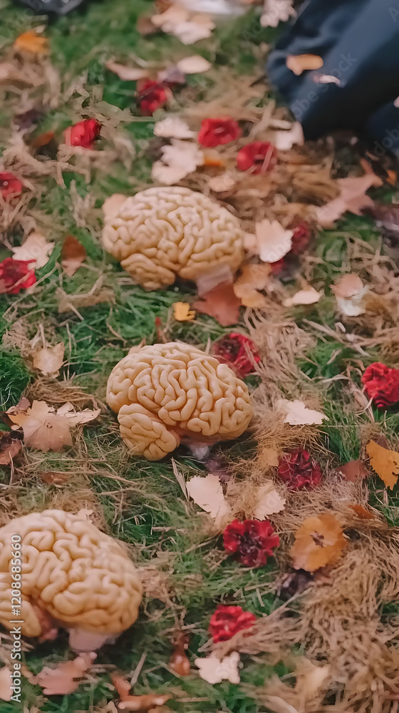Poster three anatomical brain models rest on grass and autumn leaves in a thought-provoking display