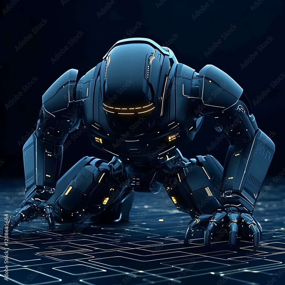 Poster 3d rendered futuristic robot crawls on a circuit board in a dark environment.