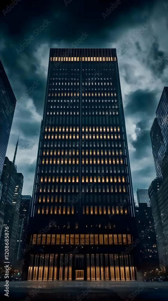 Poster imposing building stands tall in the city at night with illuminated windows and dark clouds overhead