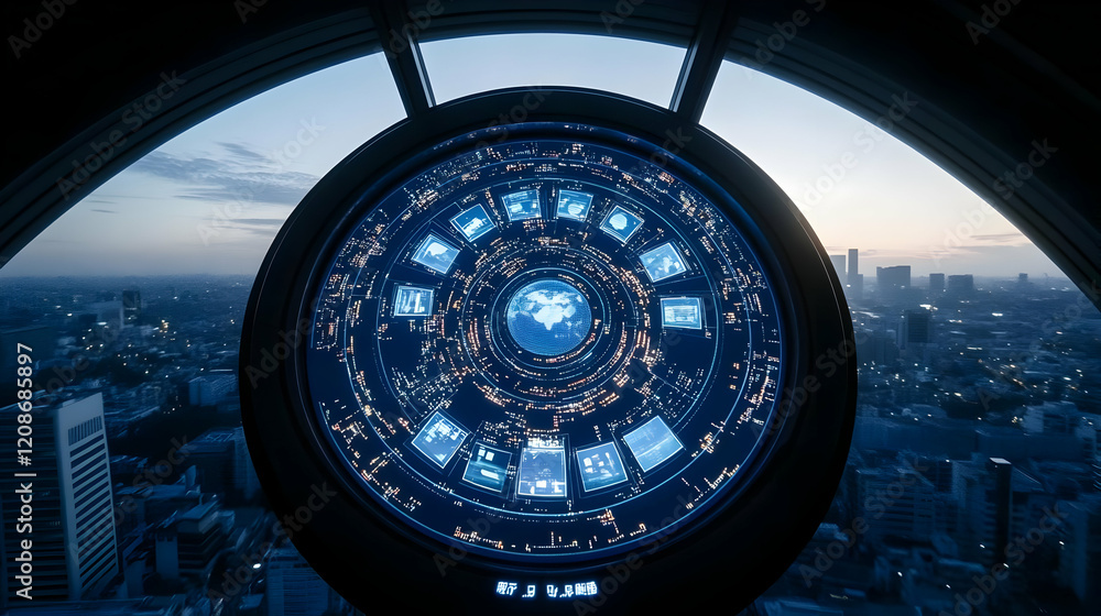 Aufkleber futuristic circular interface displays global data and cityscape views at dawn
