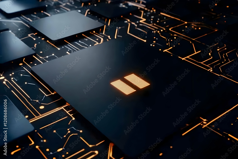 Poster 3d render of a futuristic circuit board shows complex interconnections with glowing orange lines ele