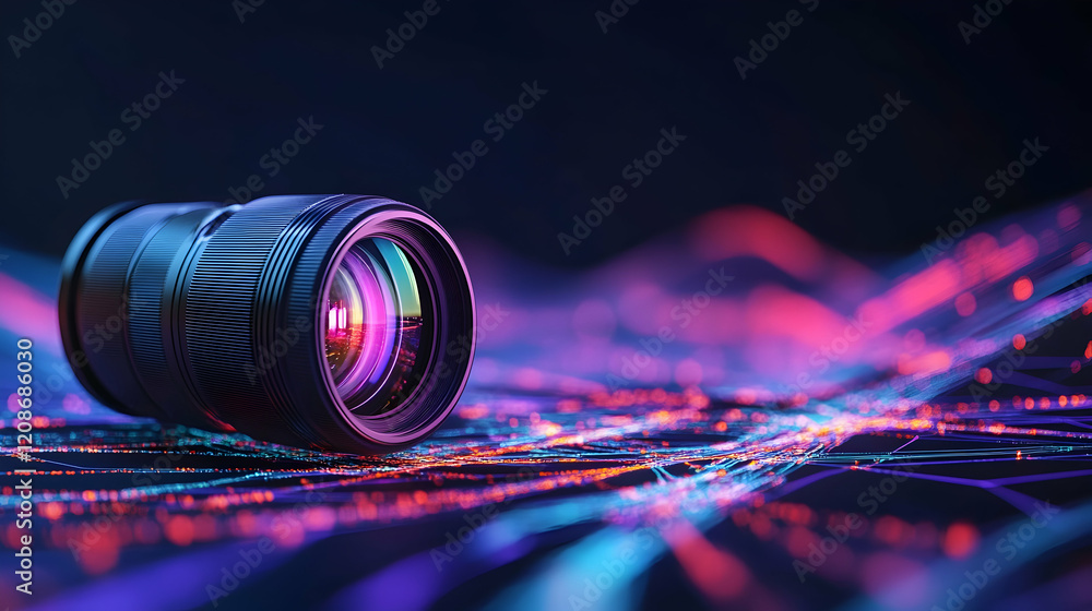 Poster camera lens on abstract data background; technology, photography concept; website header