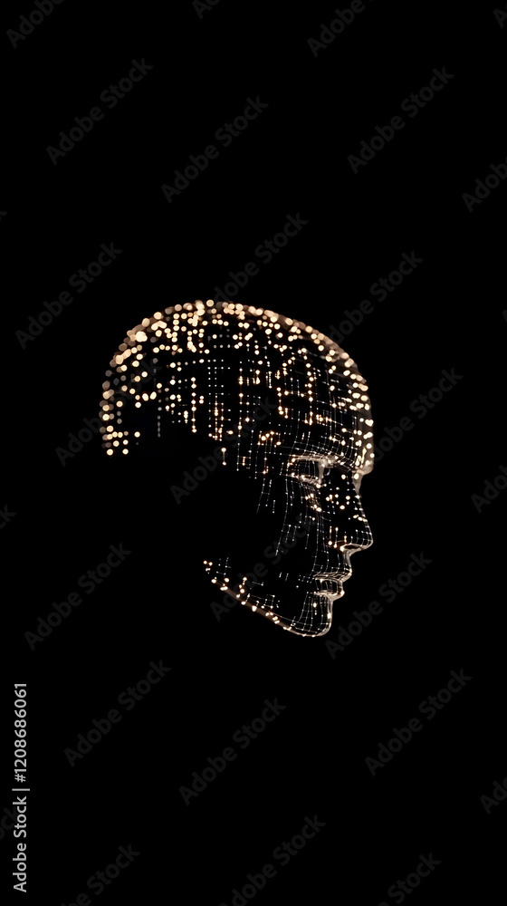 Poster abstract 3d wireframe head illuminates with golden particles on a dark background