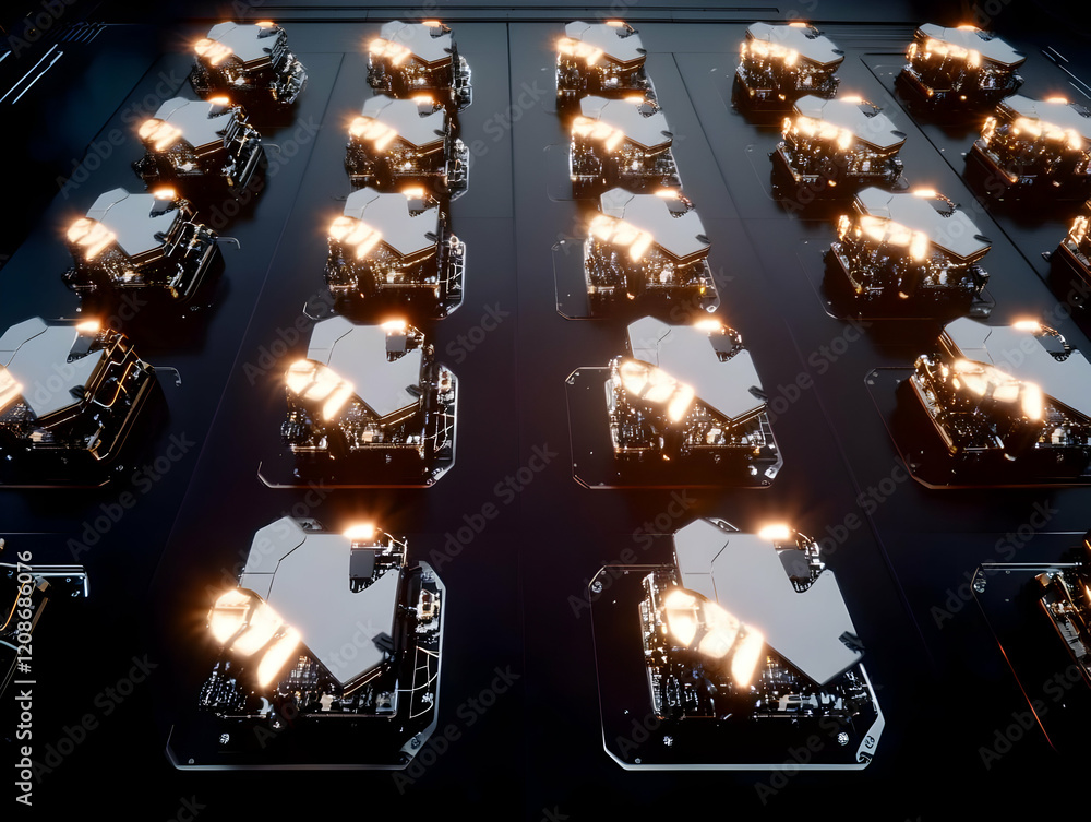 Poster futuristic quantum computing processors glow on a dark motherboard in a 3d render