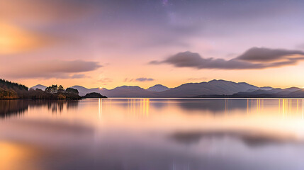 Calm sunset over serene loch, mountains reflecting in still water, peaceful landscape, ideal for travel brochures