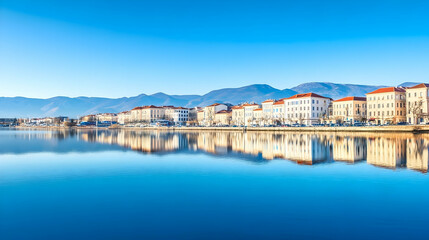 Fototapeta premium Calm waterfront cityscape reflecting in tranquil water, mountains in background; ideal for travel brochures