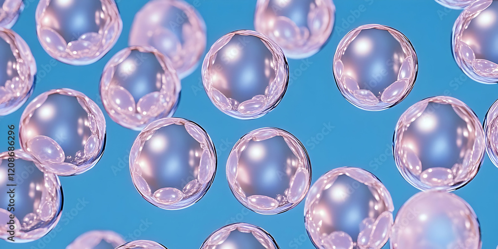 Poster 3d render of pink translucent spheres floating with smaller bubbles inside on blue background