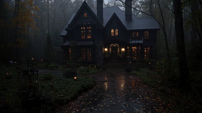 Mysterious dark house, autumn rain, forest background, Halloween vibe, ideal for spooky themes