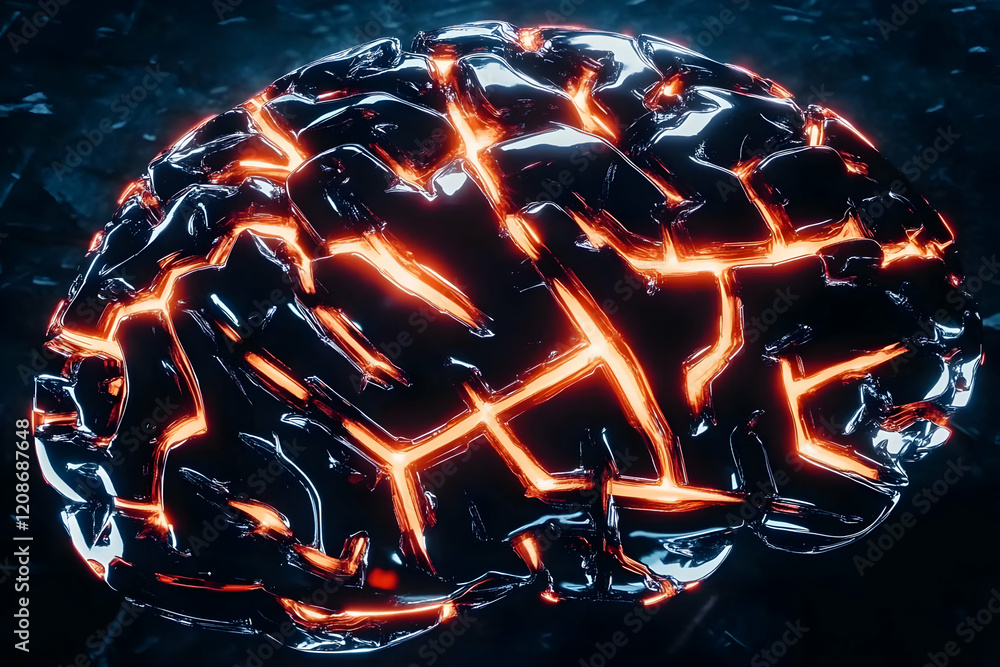 Poster glowing obsidian brain sculpture illuminates with intricate details in a dark void