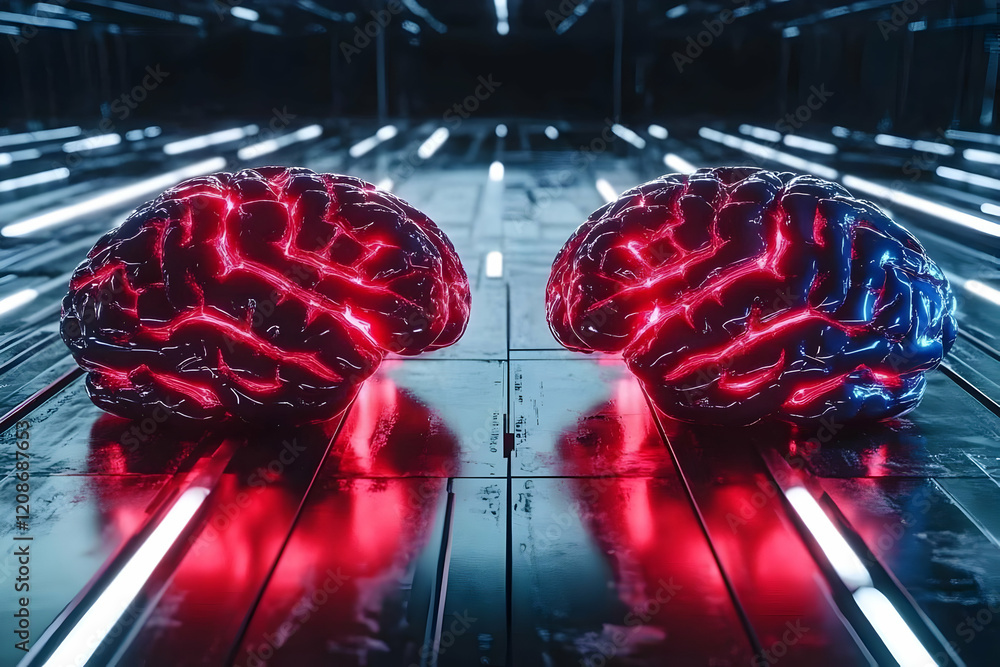 Poster two glowing brains face each other in a futuristic lab setting with neon lights.