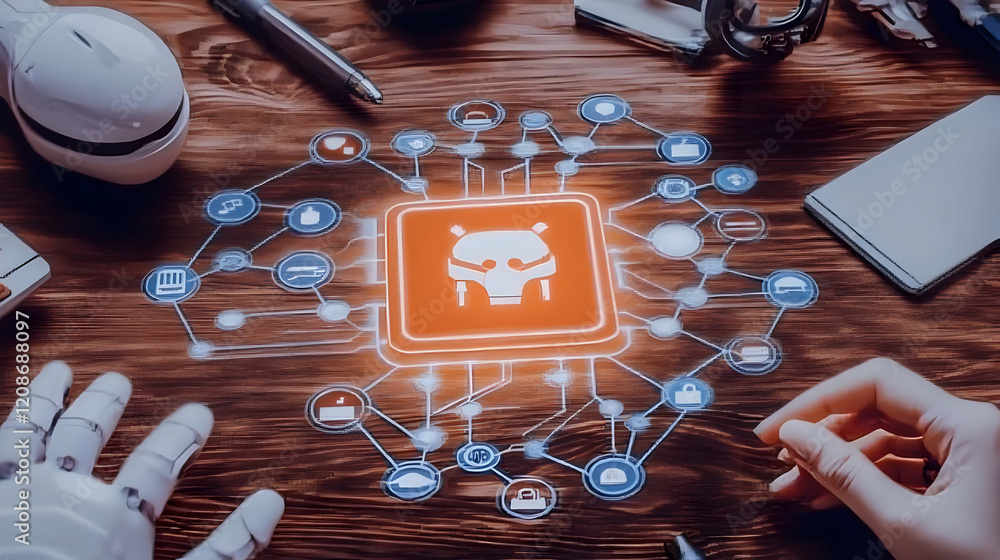 Poster robot head icon illuminates connected icons symbolizing artificial intelligence network on wooden de