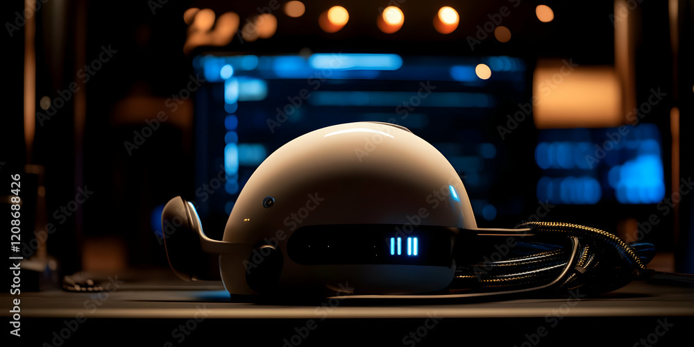 Poster white helmet sits on table near computer screen showing code in dark room, futuristic technology