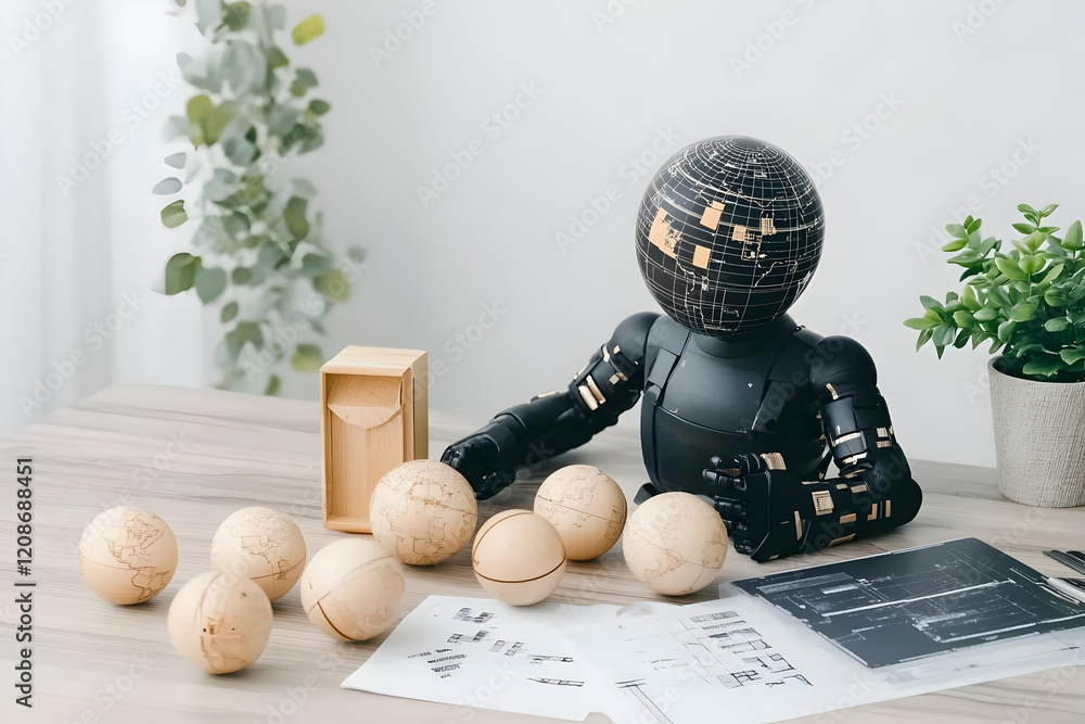 Poster robot with a globe head examines architectural blueprints and globes on a table