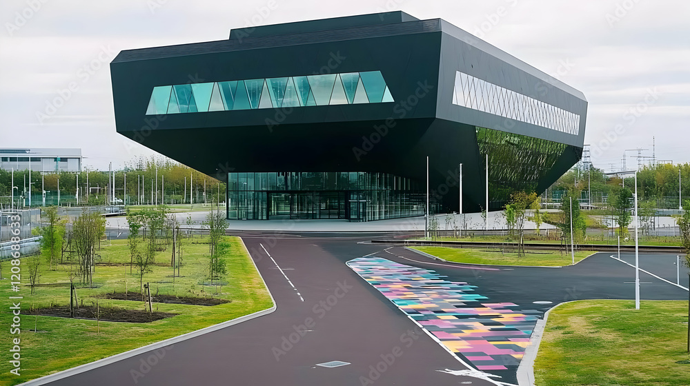Poster modern building with unique design stands tall amidst green landscape and colorful path