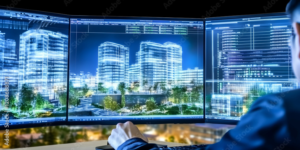 Poster architect designs futuristic buildings using advanced software on multiple monitors at night.