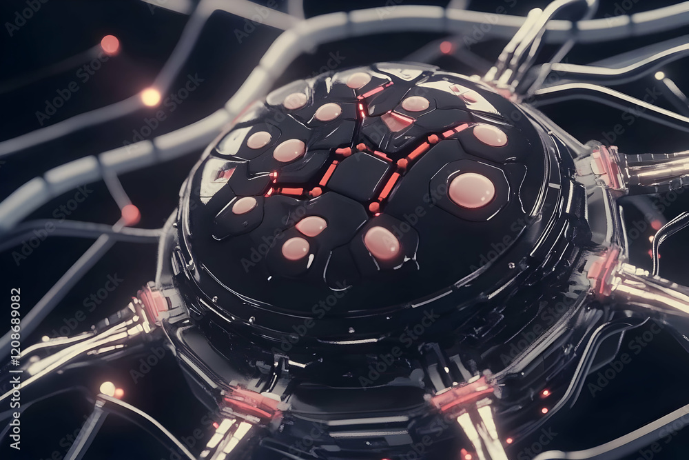 Aufkleber 3d render of a futuristic black orb with glowing red lights, embedded in a network of wires