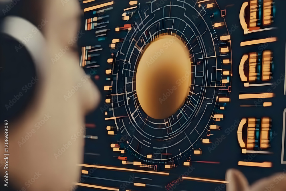 Poster digital illustration shows a person viewing a futuristic interface with a circular centerpiece and d