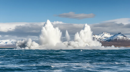 Fototapeta premium Coastal Explosion, Mountain Background, Dramatic Ocean Scene, Stock Photo