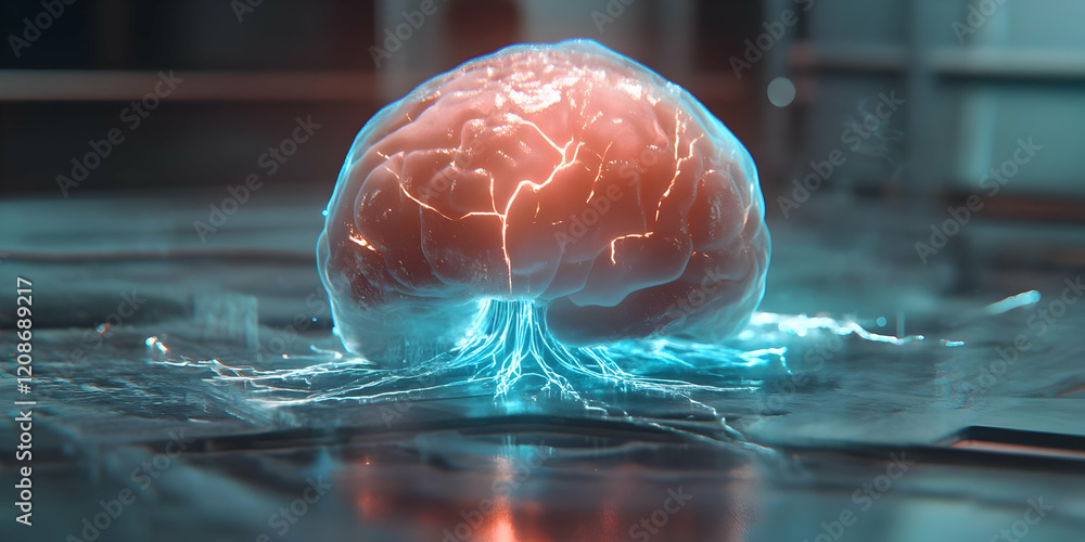 Poster 3d rendered brain pulsates with energy, displaying neural activity in a futuristic lab.