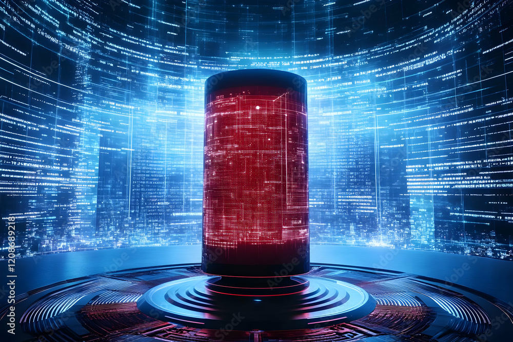 Poster futuristic data cylinder emits red light in digital cyberspace with code streams seamlessly.