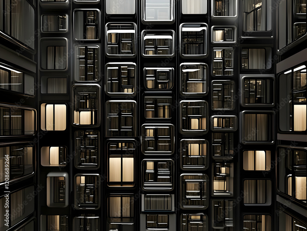 Poster abstract 3d illustration of a futuristic building facade with rounded square windows and curtains el