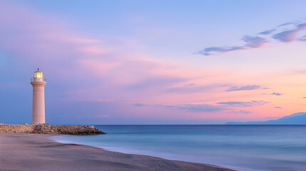 Fototapeta premium Coastal Lighthouse Sunset Seascape Serene twilight view of a solitary lighthouse on a sandy beach, calm sea, and pastel sky. Ideal for travel or tranquility themes