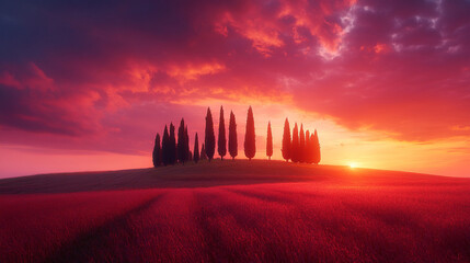 Peaceful Tuscany countryside with rolling farm fields, cypress trees, and a bright sunset sky offering a minimalist and tranquil atmosphere, perfect for blank space captions and serene moments.

