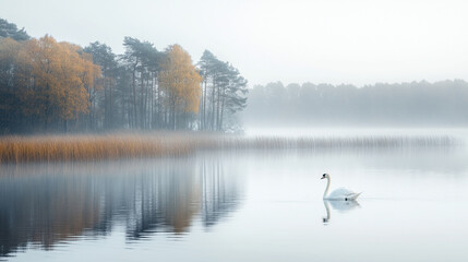 Fototapeta premium A serene landscape with a swan gliding on a calm lake minimalistic bright tones and modern blurred background empty space on the side evoking peace and tranquility with a sense of harmony and balance 