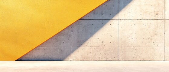 Fototapeta premium A vibrant yellow triangle contrasts against a textured concrete wall, creating a modern and minimalist aesthetic.