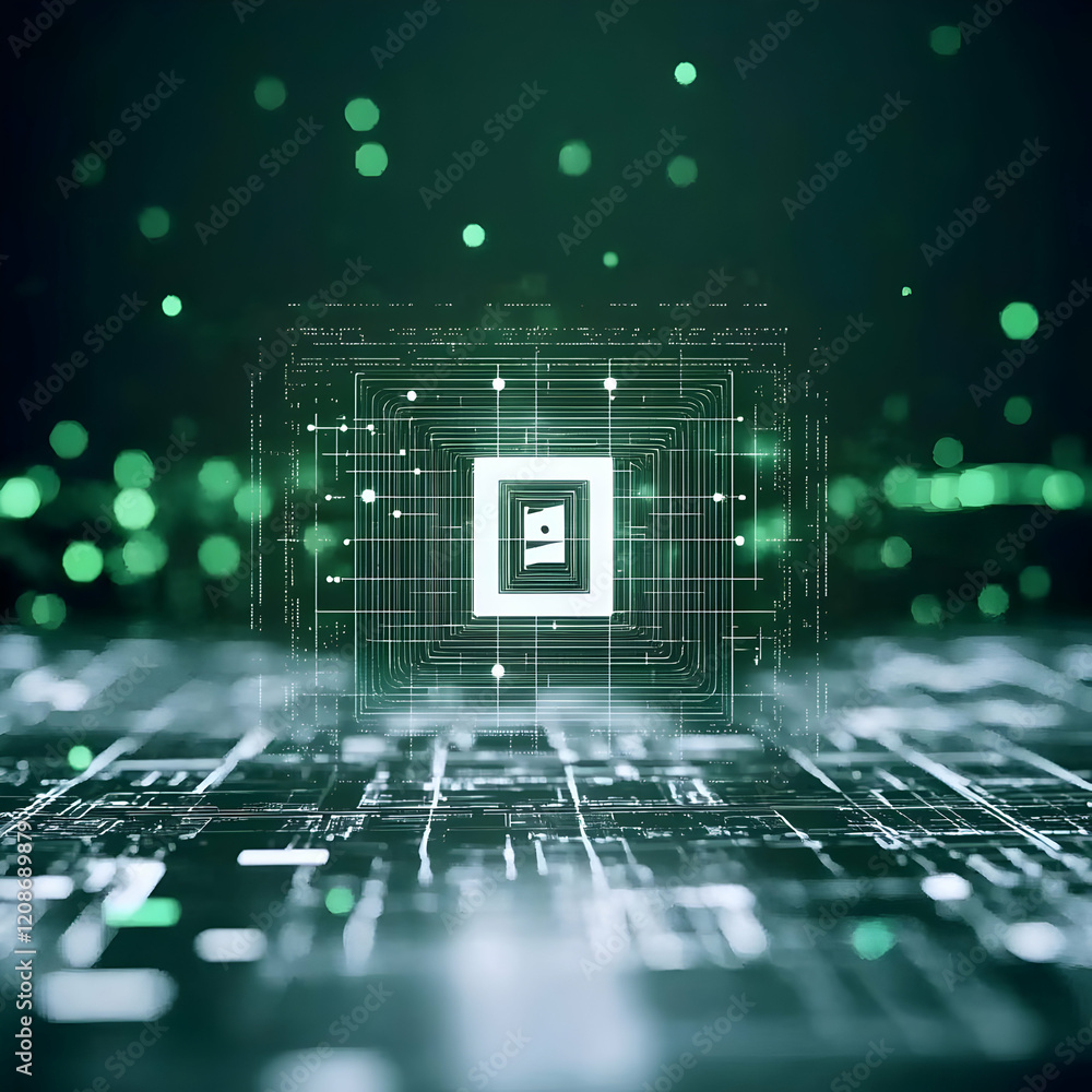 Poster abstract technology background shows circuit board with glowing green lights and digital data flowin