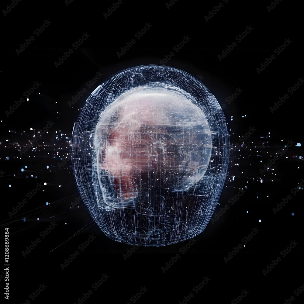 Poster 3d wireframe head model with glowing lines on a dark background with digital particles.
