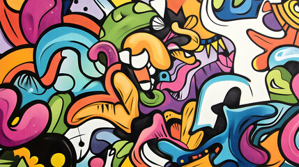 Colorful abstract doodle art mural on urban wall, vibrant background for design