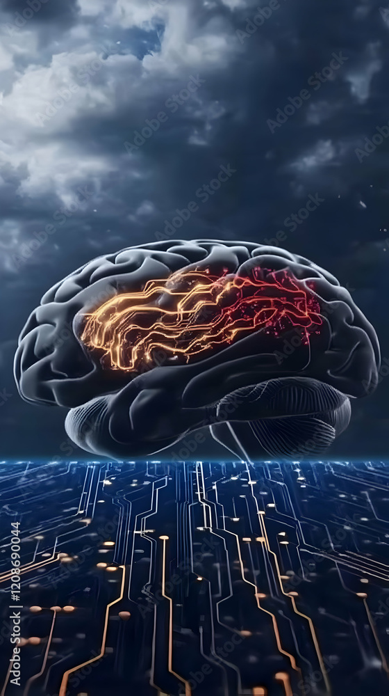 Poster 3d brain with glowing neural pathways above a circuit board against a dark cloudy sky