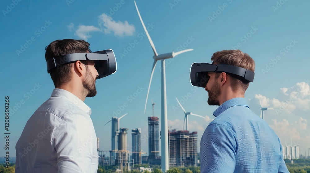 Poster clean energy wind management concept. two men wearing vr headsets observe wind turbines and a citysc