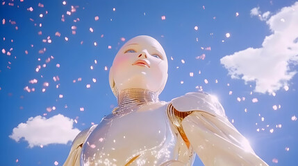 A Futuristic Female Robot Gazes Upward as Pink Petals Gently Fall from a Clear Blue Sky.