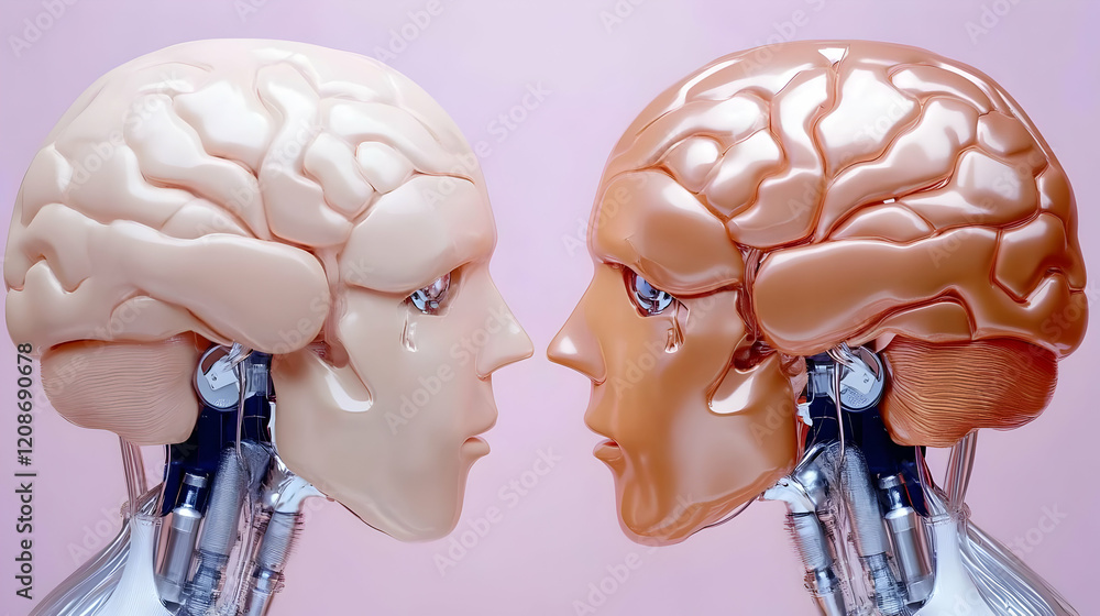 Poster two futuristic robot heads with exposed brains face each other on a pink background