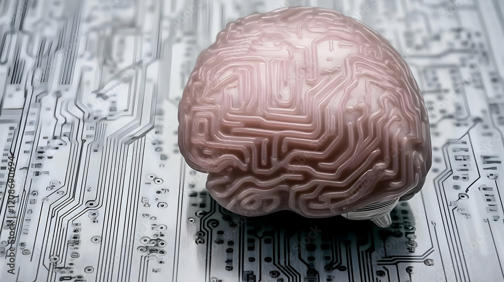 Aufkleber 3d rendered brain rests on circuit board symbolizing ai development beautifully