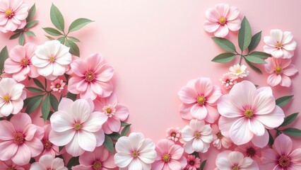 A vivid bouquet of pink and white paper flowers with lush green leaves forms an enchanting border against a soft pink backdrop, capturing intricate petal details in a cozy indoor setting