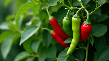 Red and green chili peppers nestled amongst vibrant Tuscan landscape foliage, sun-drenched, with a deep, rich, earthy mood,  depth of field, warm lighting, atmospheric perspective,  detailed textures,