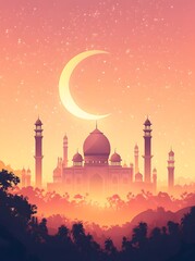 Majestic Mosque at Sunset Under Crescent Moon and Stars