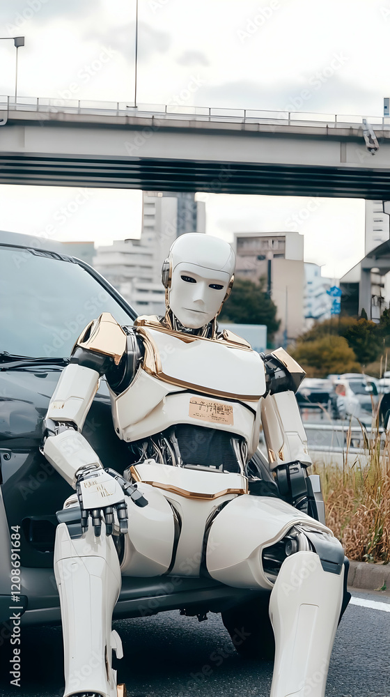 Poster futuristic robot sits against car under overpass in urban setting with advanced technology displayed