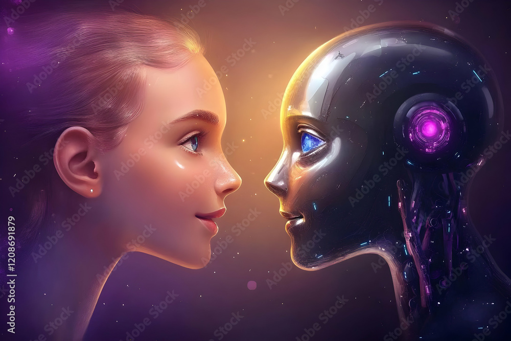 Aufkleber digital art of human and robot faces in profile showing connection and curiosity