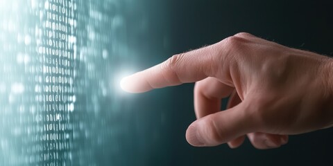 Hand Touching Digital Binary Code Background