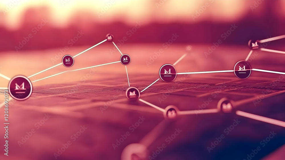 Aufkleber abstract network of interconnected icons on a blurred red background with a soft glow