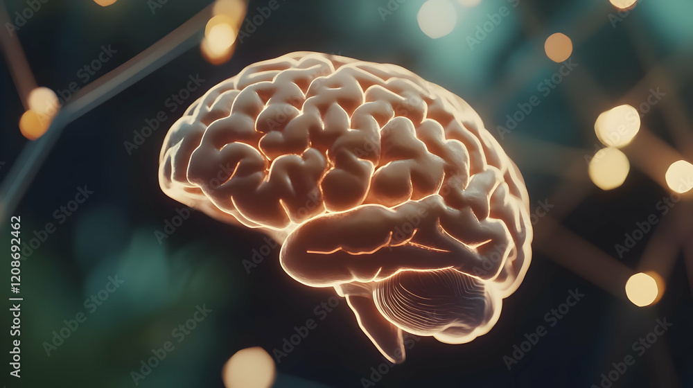 Poster glowing 3d human brain model floats amidst soft, abstract background with connecting lines and light