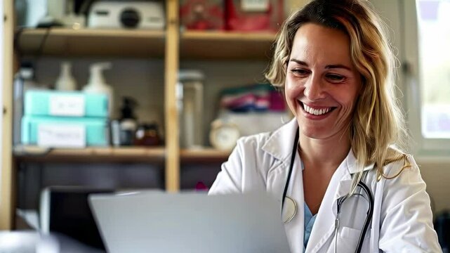 Czech female doctor working on laptop in a clinic, smiling and looking at the screen while sitting behind a desk with a stethoscope