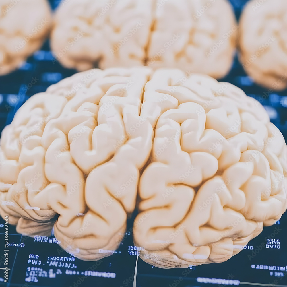 Poster human brain model rests on medical scan display, showing intricate detail and texture.