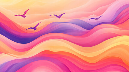 Colorful sunset landscape with birds flying over wavy hills, perfect for wall art or website background
