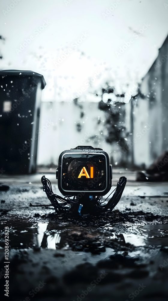 Poster small ai robot sits in a puddle during a snowy day, reflecting in the water.